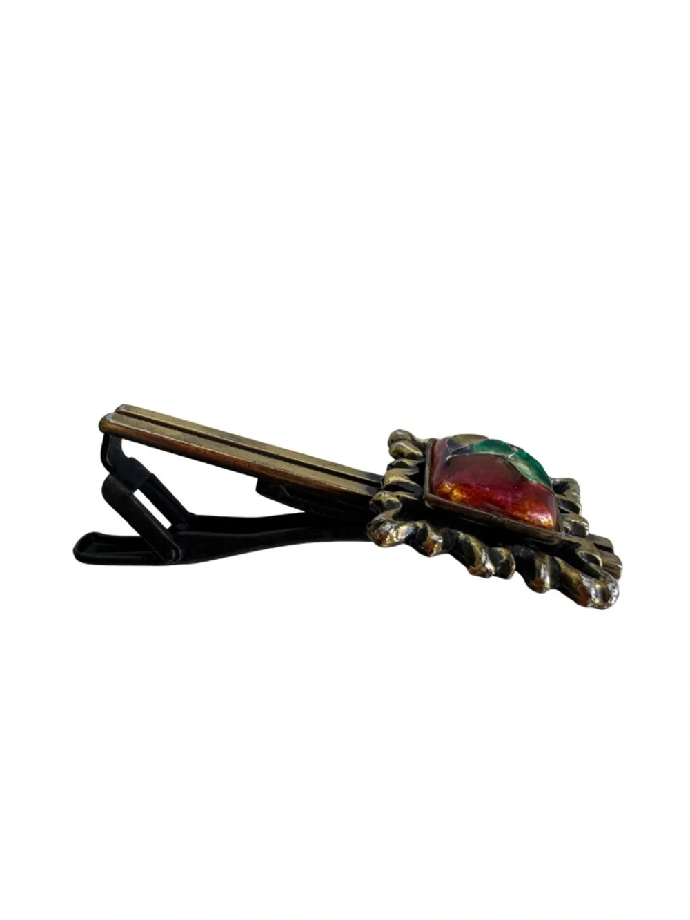 Vintage Japanese Cloisonne Tie Clip Red Green Enamel Floral Ornate Bar 2.25in